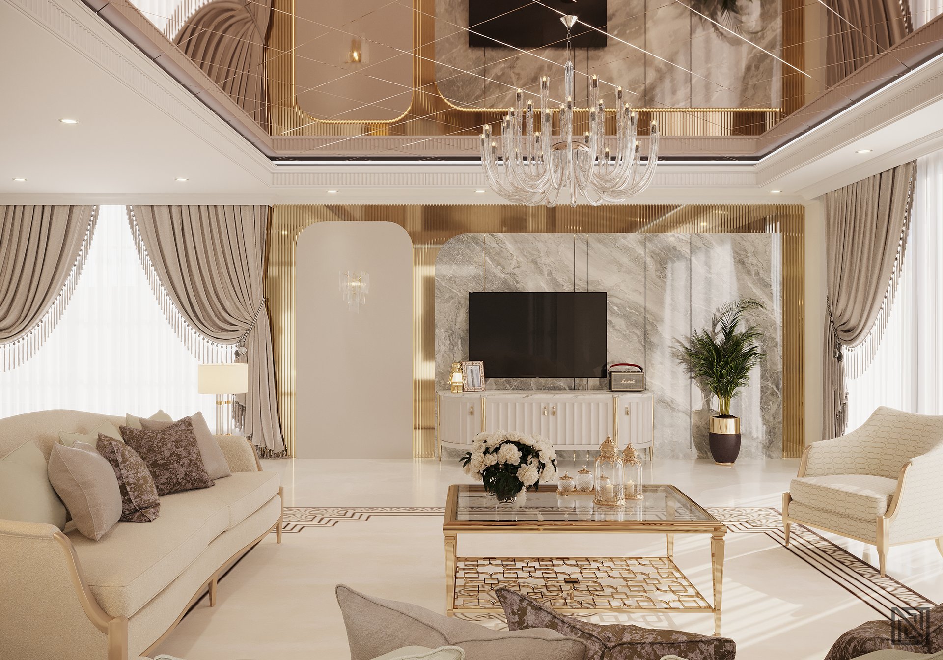 Luxury Villa — Living — interior, view 3 of 27, UAE. 3ds Max · Corona render by Nasmeer VM.