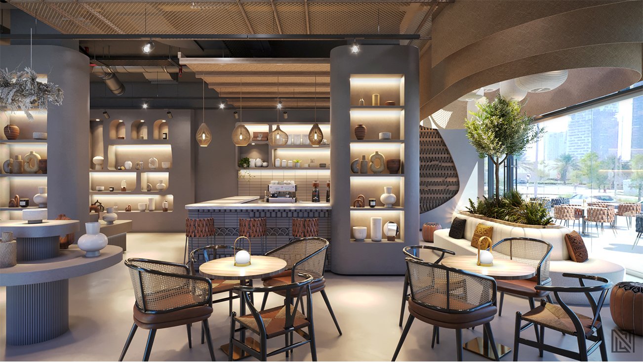 Organic Café — interior, view 2 of 16, UAE. 3ds Max · Corona render by Nasmeer VM.