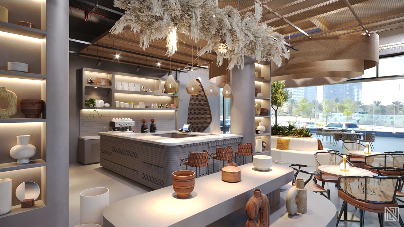 Organic Café — interior, view 3 of 16, UAE. 3ds Max · Corona render by Nasmeer VM.